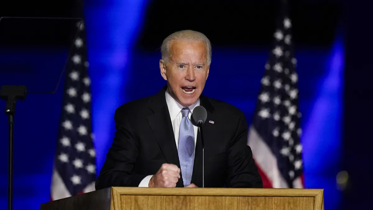 美國總統當選人拜登(Joe Biden)發表勝選演說。(AP)