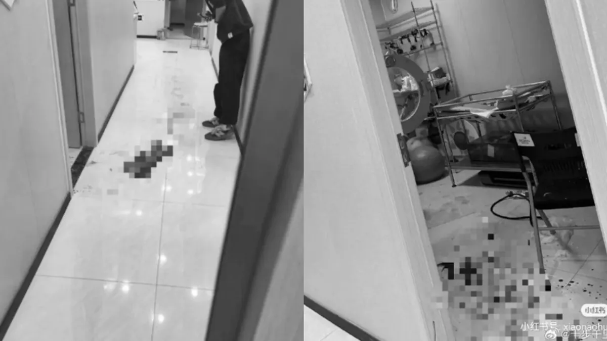 女子疑遭爆炸的寵物醫院高壓艙炸傷,滿地鮮血。(圖/翻攝自小紅書)