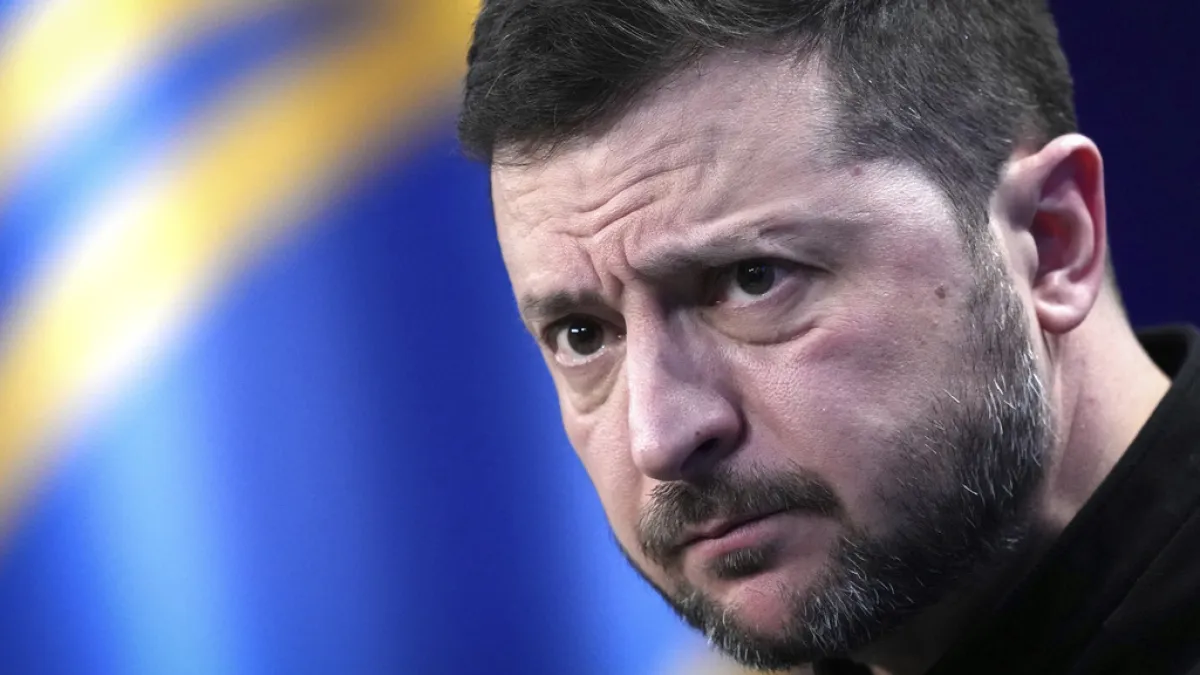 2025年2月23日。烏克蘭總統澤倫斯基( Volodymyr Zelenskyy )在烏克蘭基輔舉行的記者會。(AP)