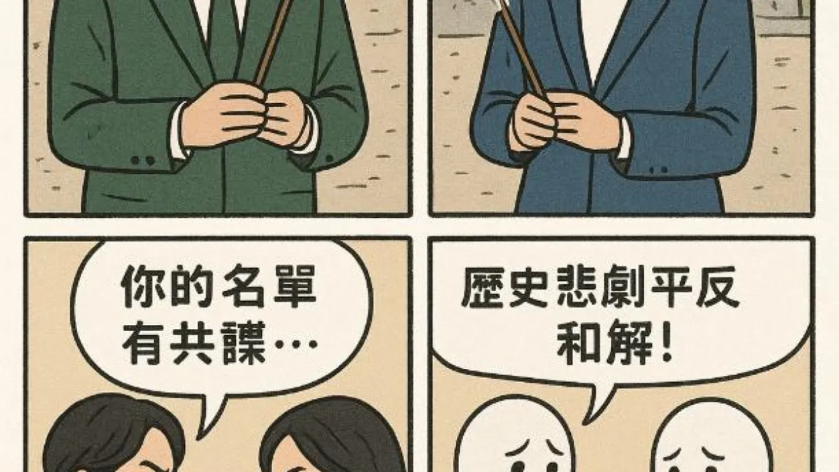 台灣轉型正義啟動後出現政治化濫用跡象,國民黨被貼加害者後代標籤,民進黨政治人物被指似當年特務引發網路獵巫。(圖文設計:Chu Johnson;漫畫生成:ChatGPT)