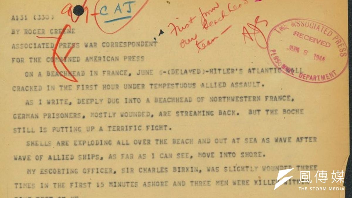 諾曼第登陸之日的第一篇報導,《美聯社》的〈在法國灘頭,6月6日〉。(美聯社) 諾曼第登陸之日的第一篇報導,《美聯社》的〈在法國灘頭,6月6日〉。(美聯社)