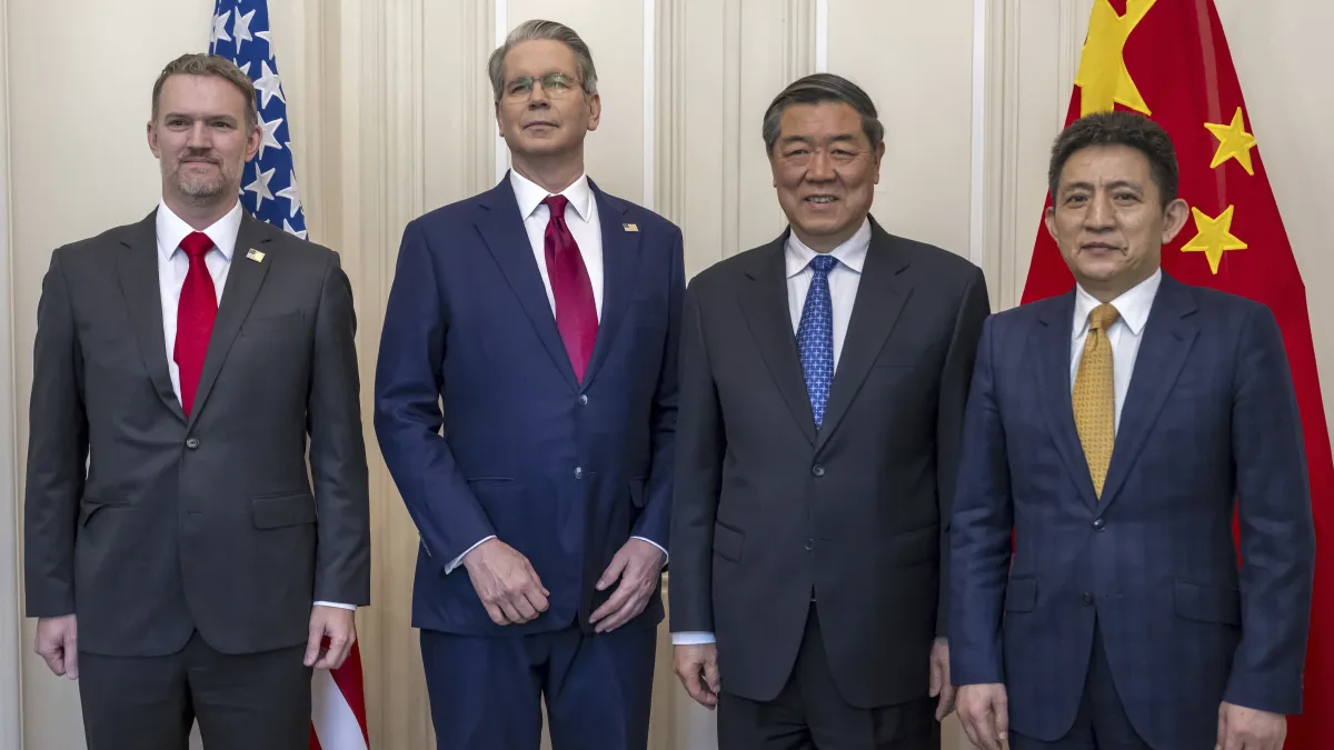 USTR Jamieson Greer, left, Treasury Secretary Scott Bessent, Vice Premier He Lifeng and envoy Li Chenggang, right, at U.S. China talks in Switzerland in May 2025. The four met again in New York on September 20. (File photo: AP)