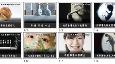台灣2009年開始使用的菸盒警示圖樣式。(取自董氏基金會網站)