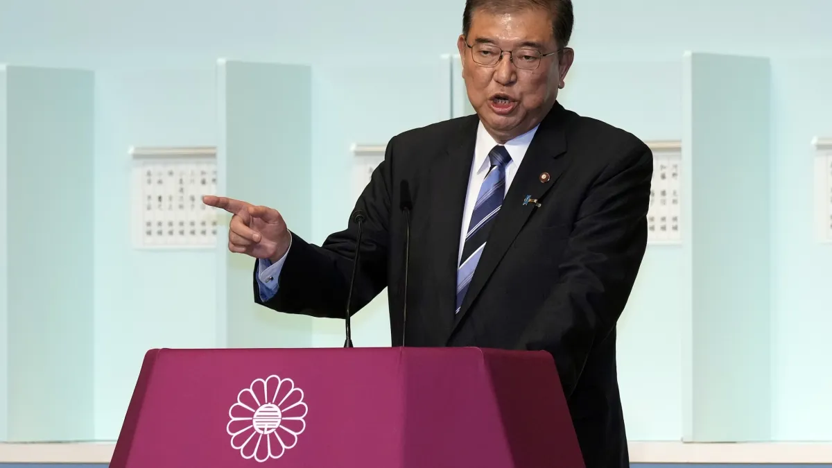 2024年9月27日,自民黨舉行總裁選舉,石破茂在第二輪投票前發表演說。(美聯社)