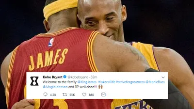 詹姆斯接受湖人合約,布萊恩也在推特上歡迎詹皇。(美聯社)