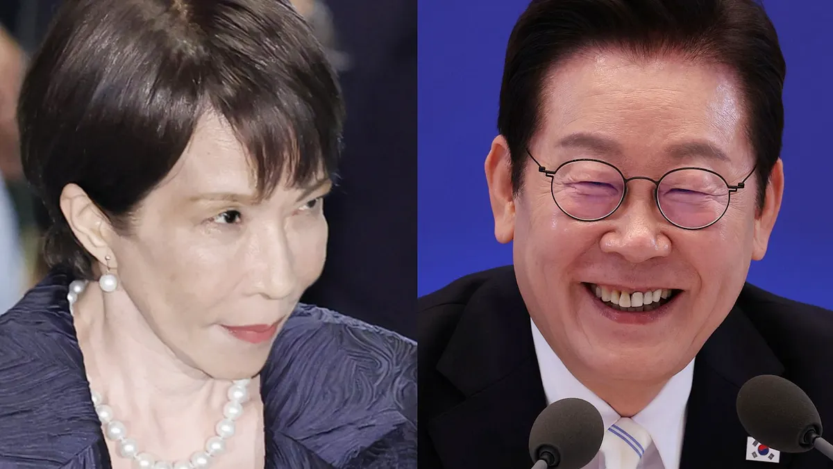 日本新首相の高市早苗氏と韓国大統領の李在明氏。(AP) 日本新首相の高市早苗氏と韓国大統領の李在明氏。(AP)