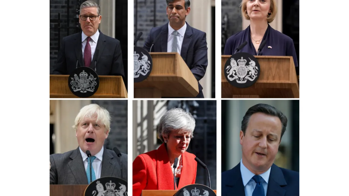 過去十年英國已經折損六名首相,從左上順時針依序是施凱爾、蘇納克、特拉斯、強生、梅伊、卡麥隆。(美聯社)