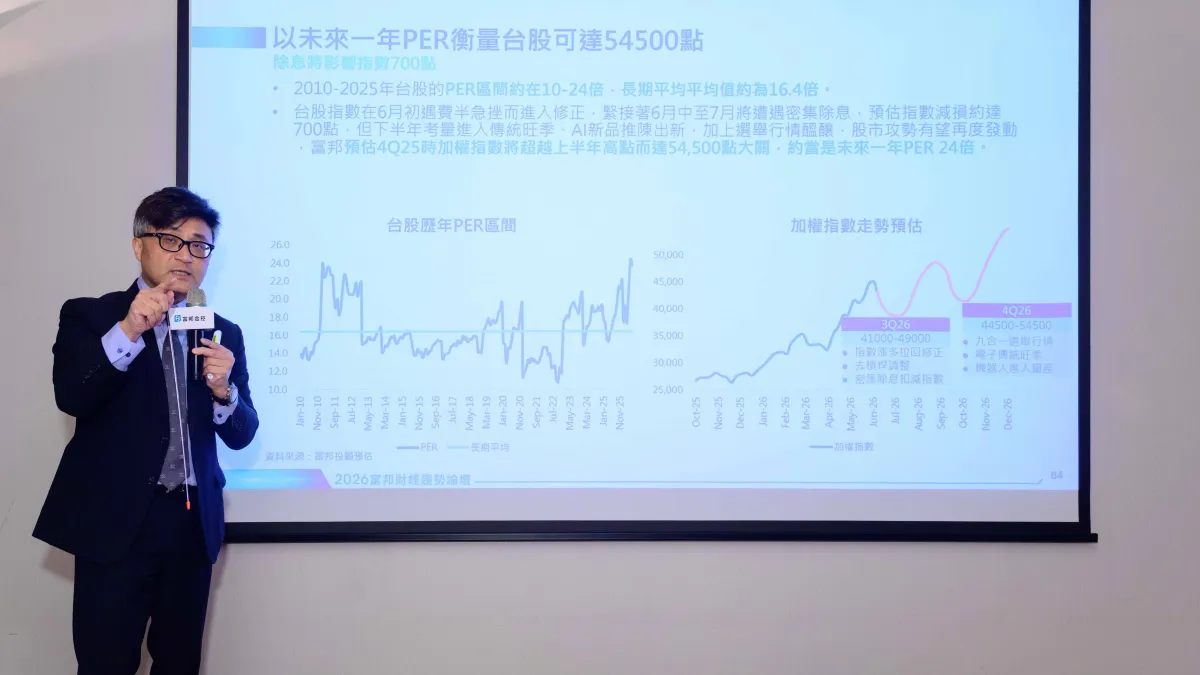 Fubon Securities Investment Chairman Chen Yi-kuang (陳奕光) delivers a speech at the mid-year press conference of the 2026 Fubon Financial Trends Forum on the 2nd. (Provided by Fubon Financial)