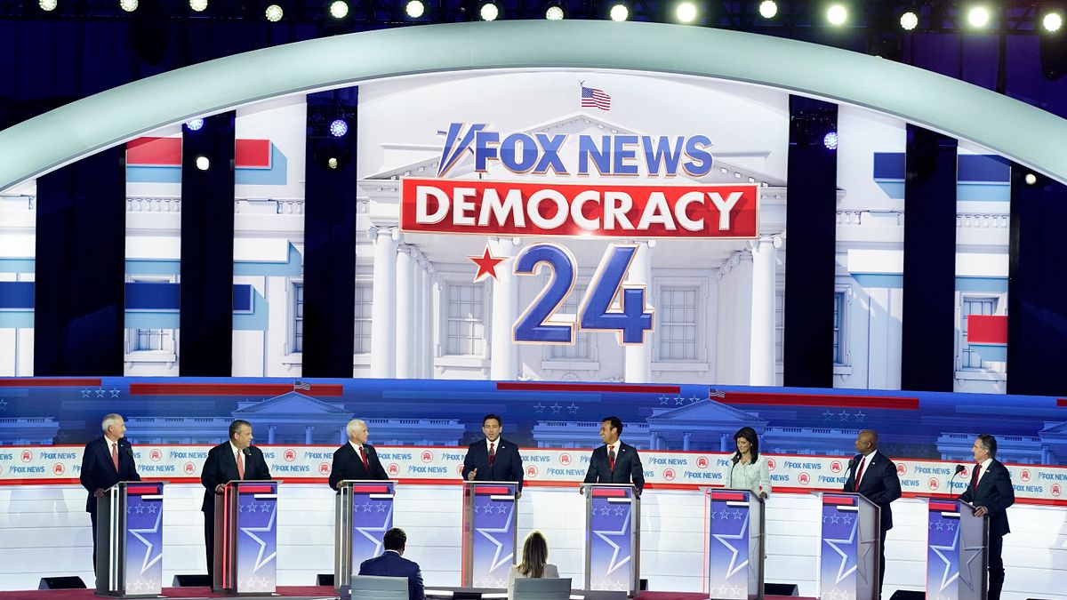 2023年8月23日,美國共和黨舉行初選首場辯論人。(AP) 2023年8月23日,美國共和黨舉行初選首場辯論人。(AP)
