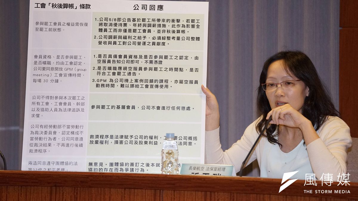 長榮航空法保室經理祈天瑞說明,工會將「禁止秋後算帳」訴求細分成5大項。(盧逸峰攝) 長榮航空法保室經理祈天瑞說明,工會將「禁止秋後算帳」訴求細分成5大項。(盧逸峰攝)