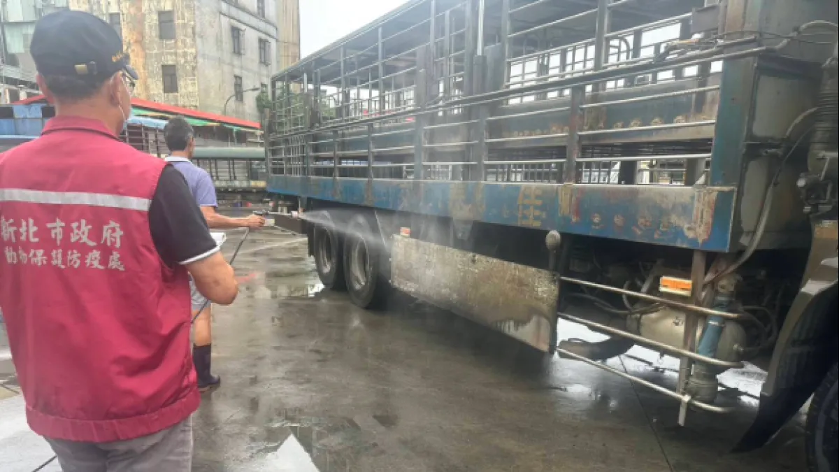 新北市政府非洲豬瘟災害應變中心至樹林肉品市場查核運輸車消毒情形。(圖/新北市農業局提供)