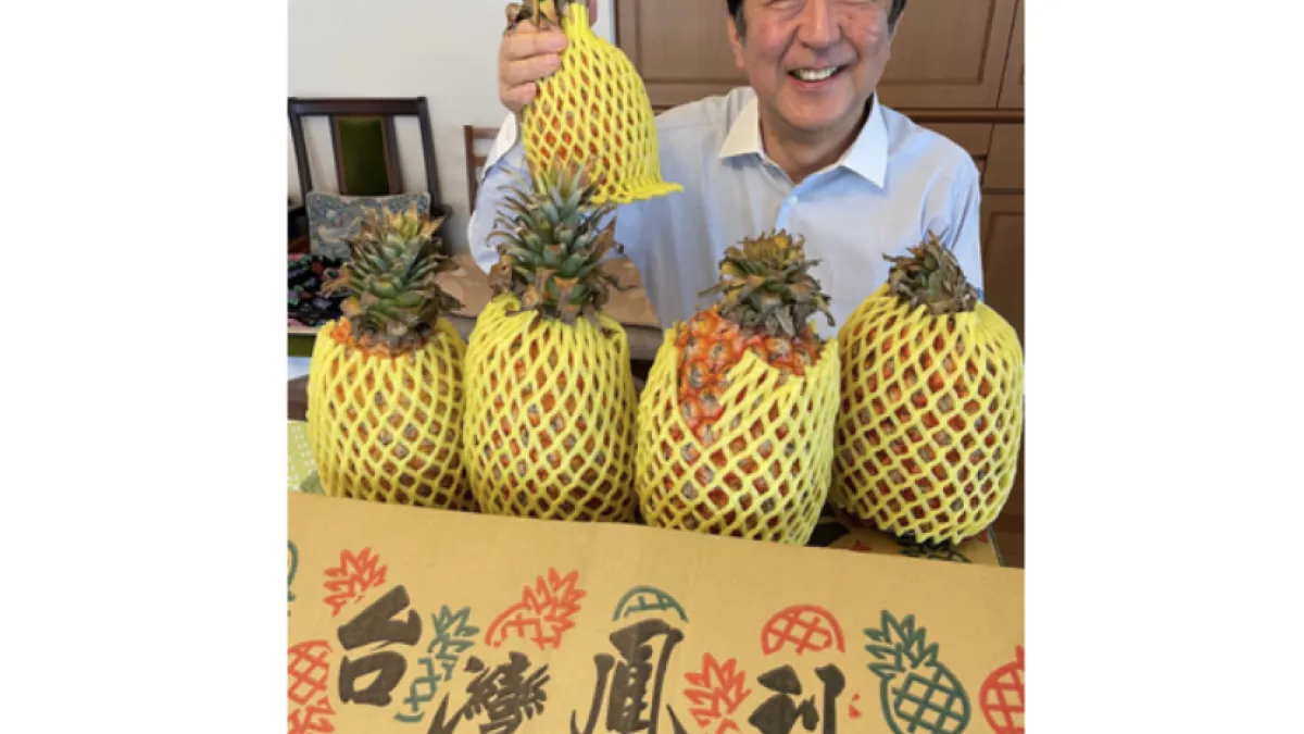 20210428-安倍晉三吃台灣鳳梨。(取自安倍晉三臉書)
