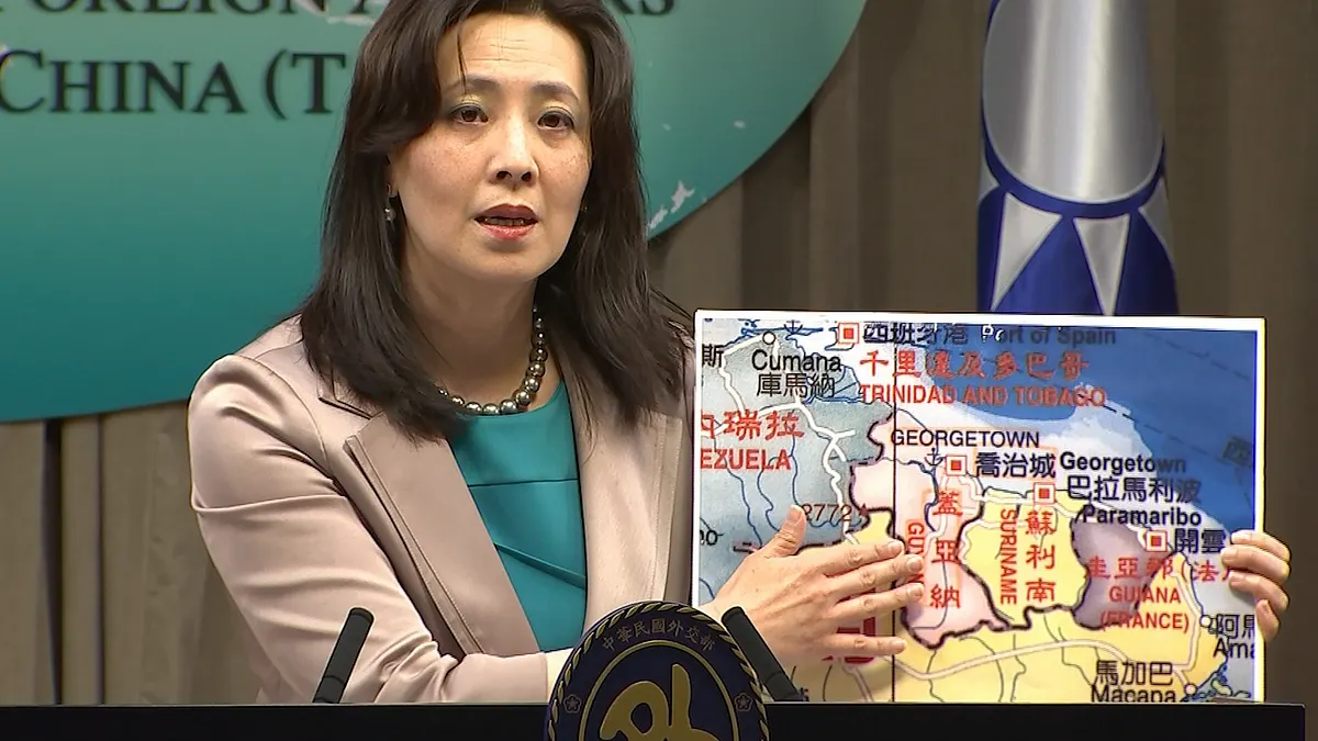 2021年2月4日,台灣宣布在蓋亞那設館,隔天,蓋亞那聲明協議作廢。圖為我國外交部發言人歐江安介紹蓋亞那(AP)