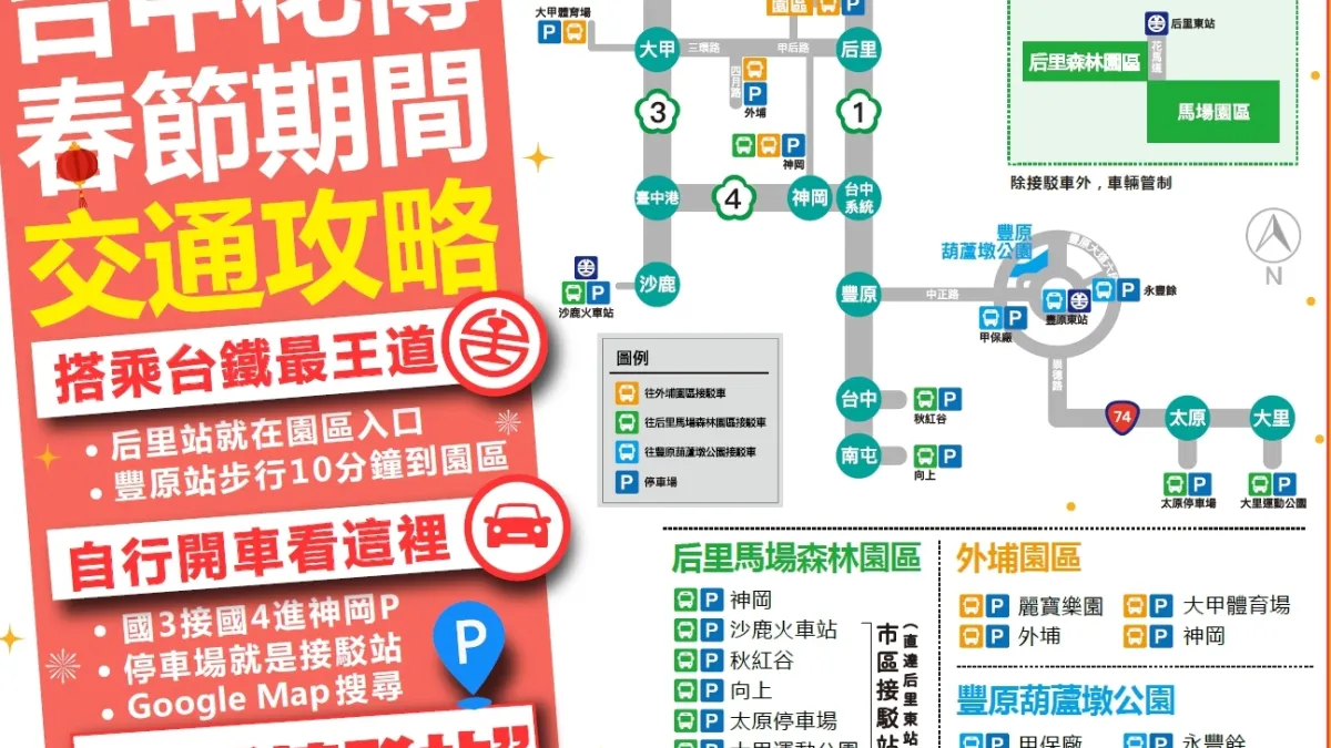 臺中市政府交通局呼籲,農曆春節假期到花博旅遊以「台鐵為主、完全接駁」,比自行開車前往還快。(圖/台中市政府提供)