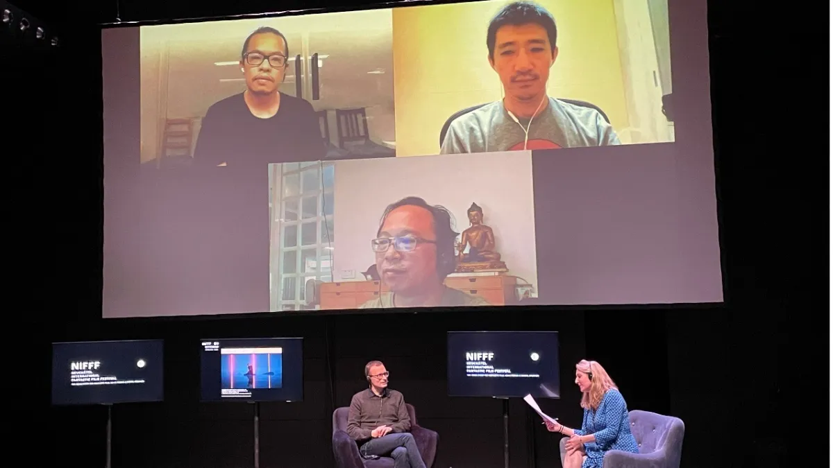 瑞士虛擬科技研究機構總監Laetitia Bochud與法國電影製作人Francois Klein現場與台灣導演黃心健、徐漢強、蘇盈馨線上座談。(方常均攝)
