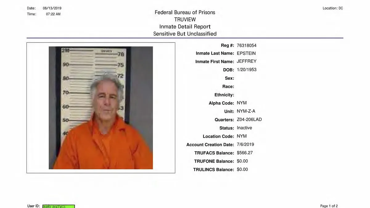 故人で億万長者、性犯罪者のエプスタイン(ジェフリー・エプスタイン)に関する刑務所記録。(AP通信) 故人で億万長者、性犯罪者のエプスタイン(ジェフリー・エプスタイン)に関する刑務所記録。(AP通信)