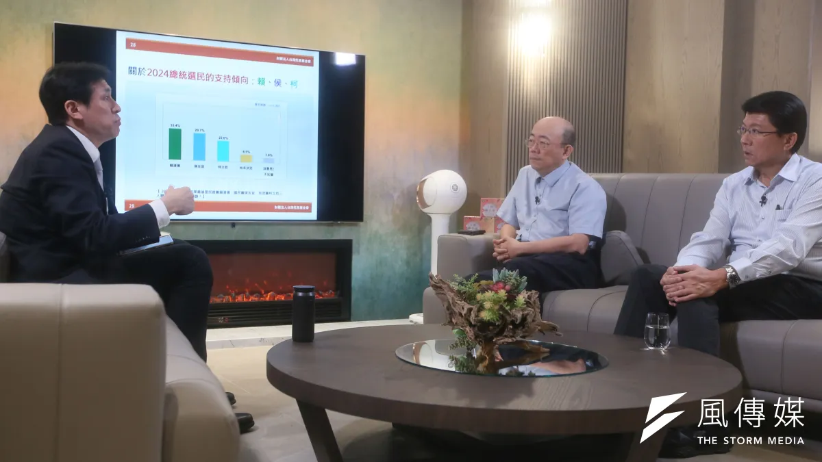 前立委郭正亮(右二)、 前台南市議員謝龍介(右一)19日出席黃暐瀚(左)主持的風傳媒「下班瀚你聊」節目。(柯承惠攝)