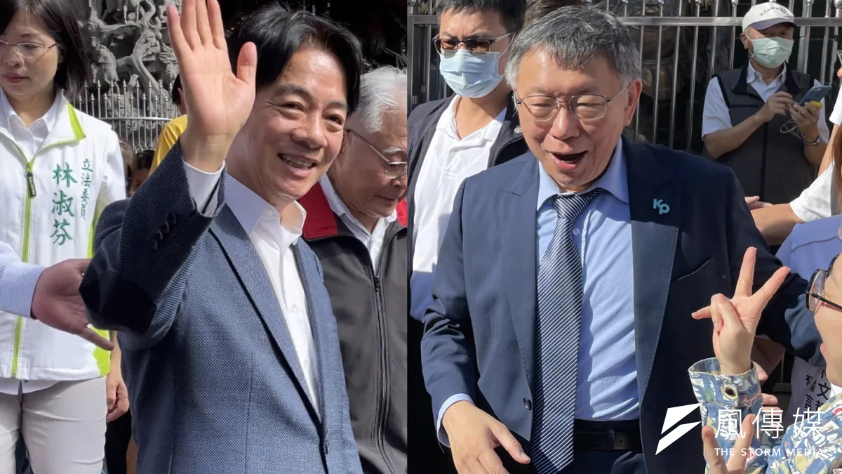 民眾黨總統參選人柯文哲(右)、民進黨總統參選人賴清德(左)1日上午一前一後前往蘆洲湧蓮寺參拜。(鍾秉哲攝/影像合成:風傳媒)