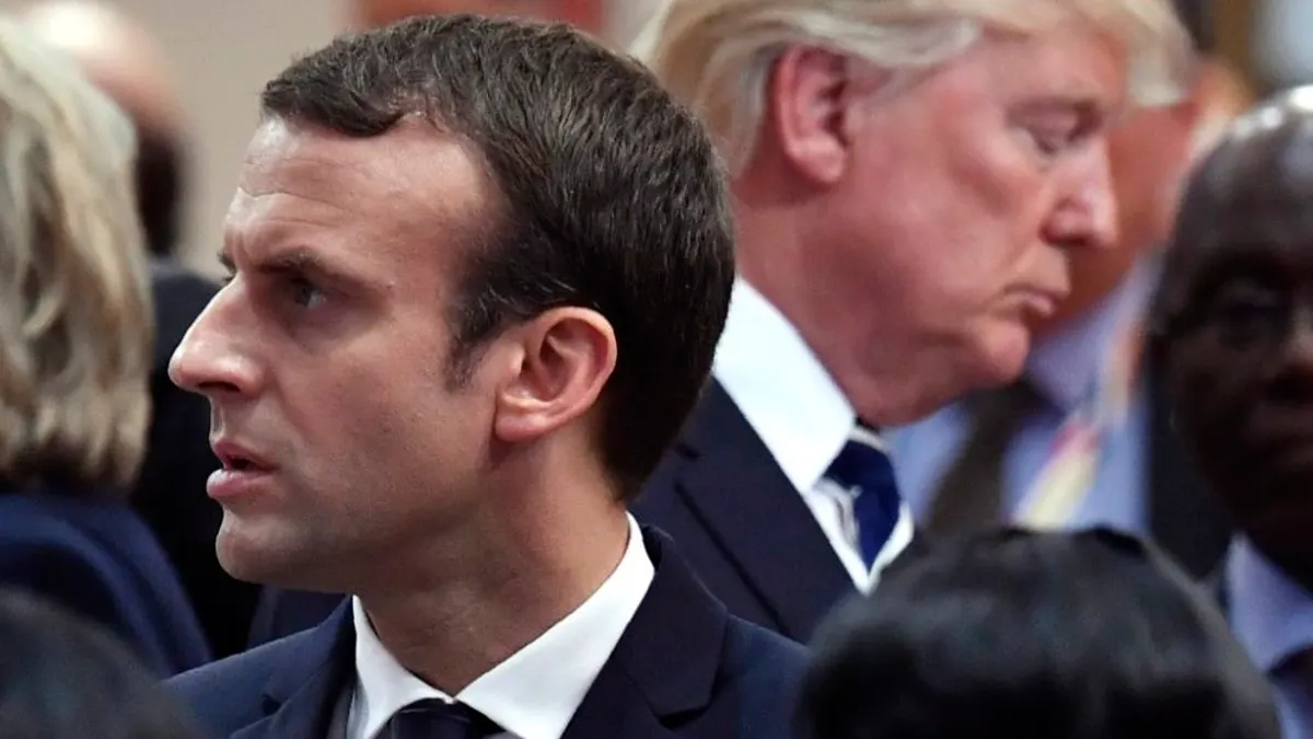 G7峰會正式舉行前,美國總統川普(後右)與法國總統馬克宏(前左)言語交鋒激烈,為峰會蒙上陰影(美聯社)