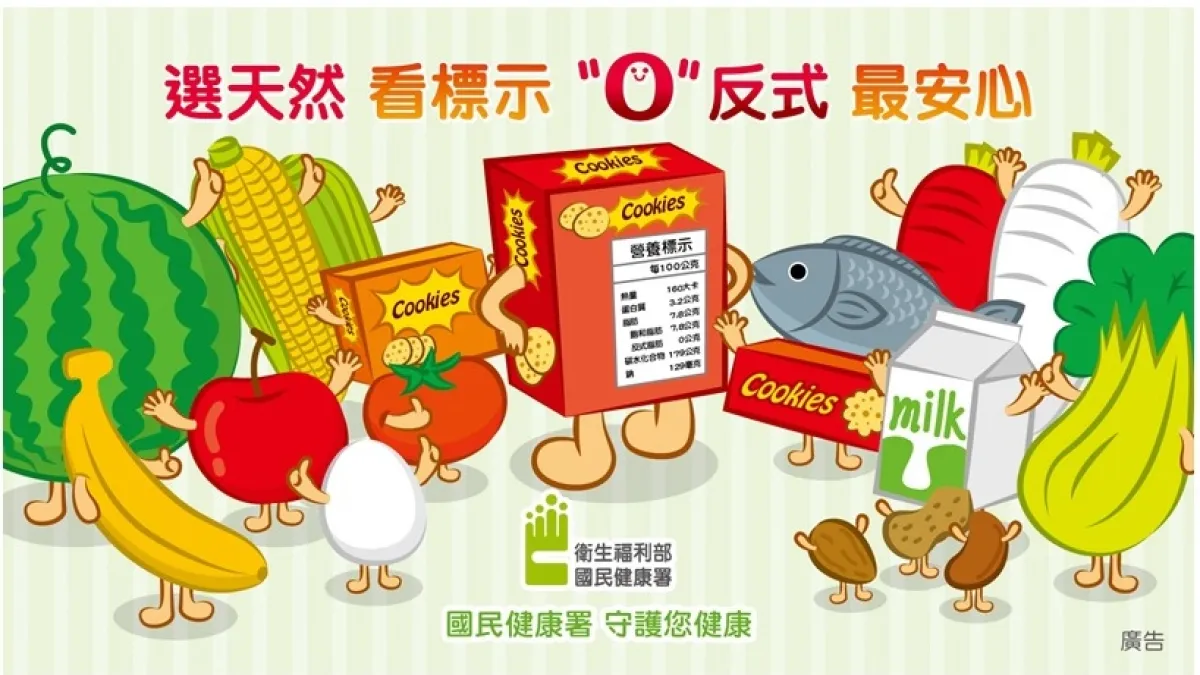 攝取過多反式脂肪會增加血液中的壞膽固醇、降低好膽固醇,還會增加三酸甘油酯,讓血管容易阻塞及發炎。圖為2015年國健署「選天然 看標示 0反式 最安心」宣導廣告。(取自國健署網站)