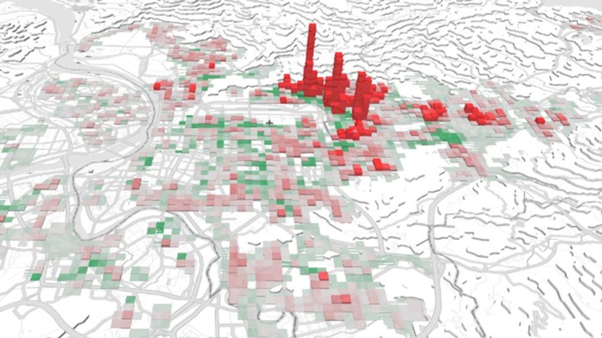 內湖科學園區通勤來源地分析,高度代表通勤人數,紅色代表自駕比例高,綠色代表大眾運輸比例高。(圖/臺北大數據中心官網) 內湖科學園區通勤來源地分析,高度代表通勤人數,紅色代表自駕比例高,綠色代表大眾運輸比例高。(圖/臺北大數據中心官網)
