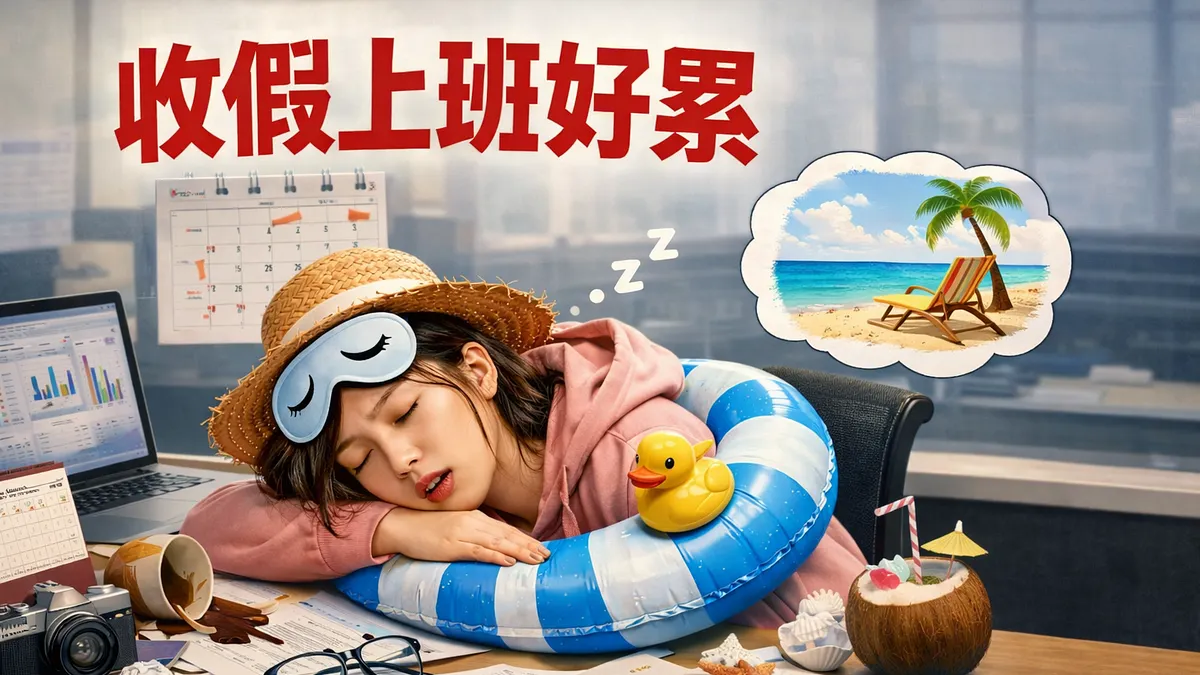 連假結束後重返職場,上班族身心尚未調適,呈現典型「收假症候群」的疲憊狀態;田醫師7個步驟交給你。(圖/鄧亦涵製,AI生成示意圖)