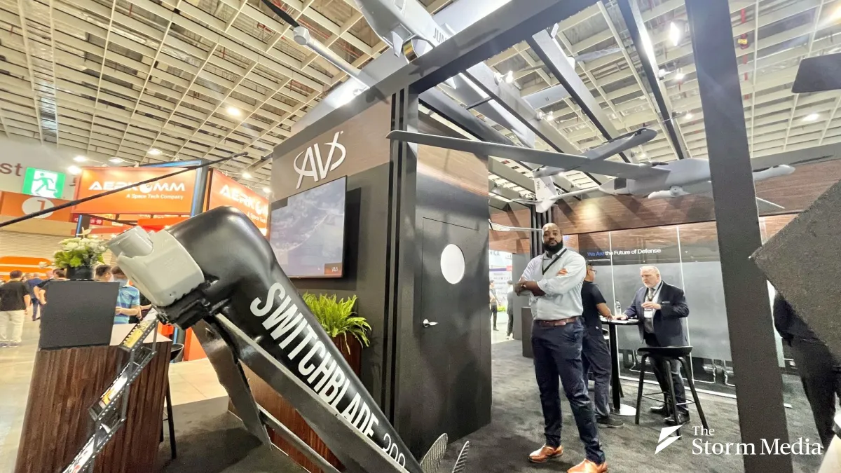 AeroVironment's booth at the 2025 Taipei Aerospace and Defense Technology Exhibition displayed its signature Switchblade loitering munitions and JUMP series drones. (Photo: Walter Liu)