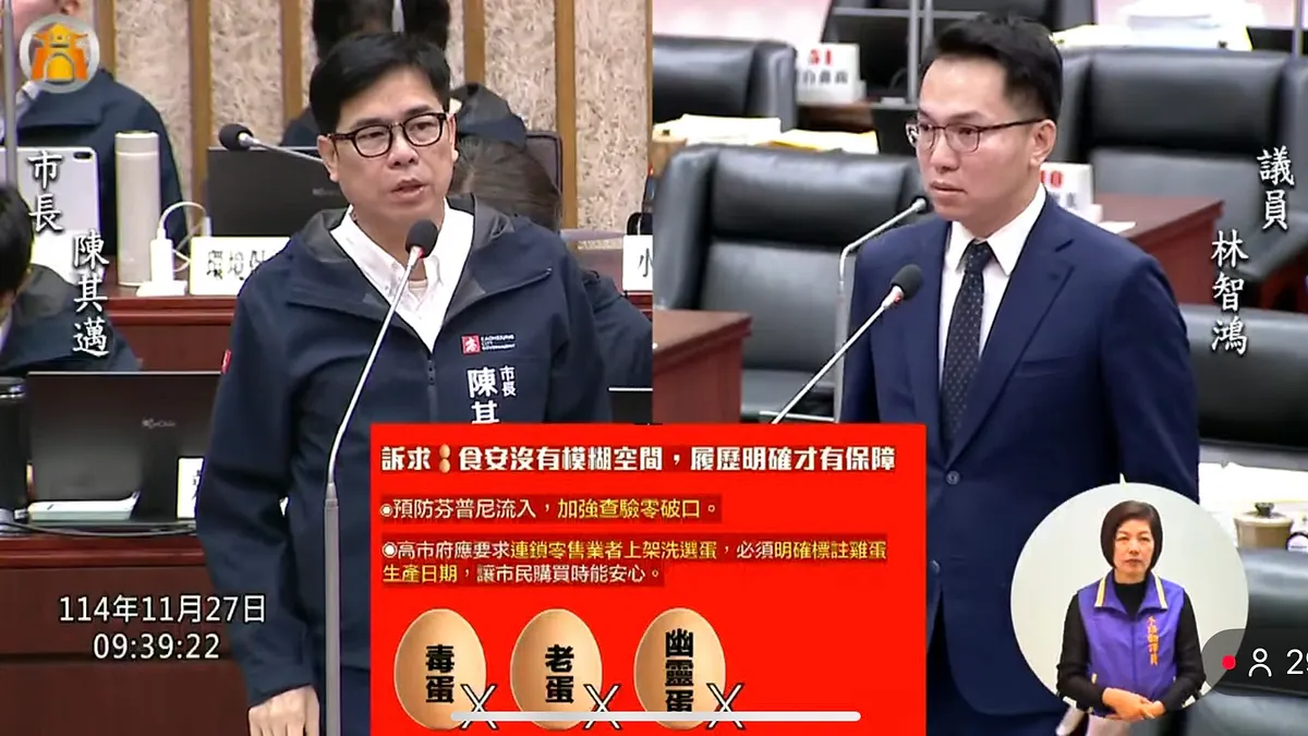 市議員林智鴻在議會總質詢市長陳其邁,揭露相關抽樣量能不足「難防毒蛋」,恐產生食安問題。(圖/林智鴻服務處提供) 市議員林智鴻在議會總質詢市長陳其邁,揭露相關抽樣量能不足「難防毒蛋」,恐產生食安問題。(圖/林智鴻服務處提供)