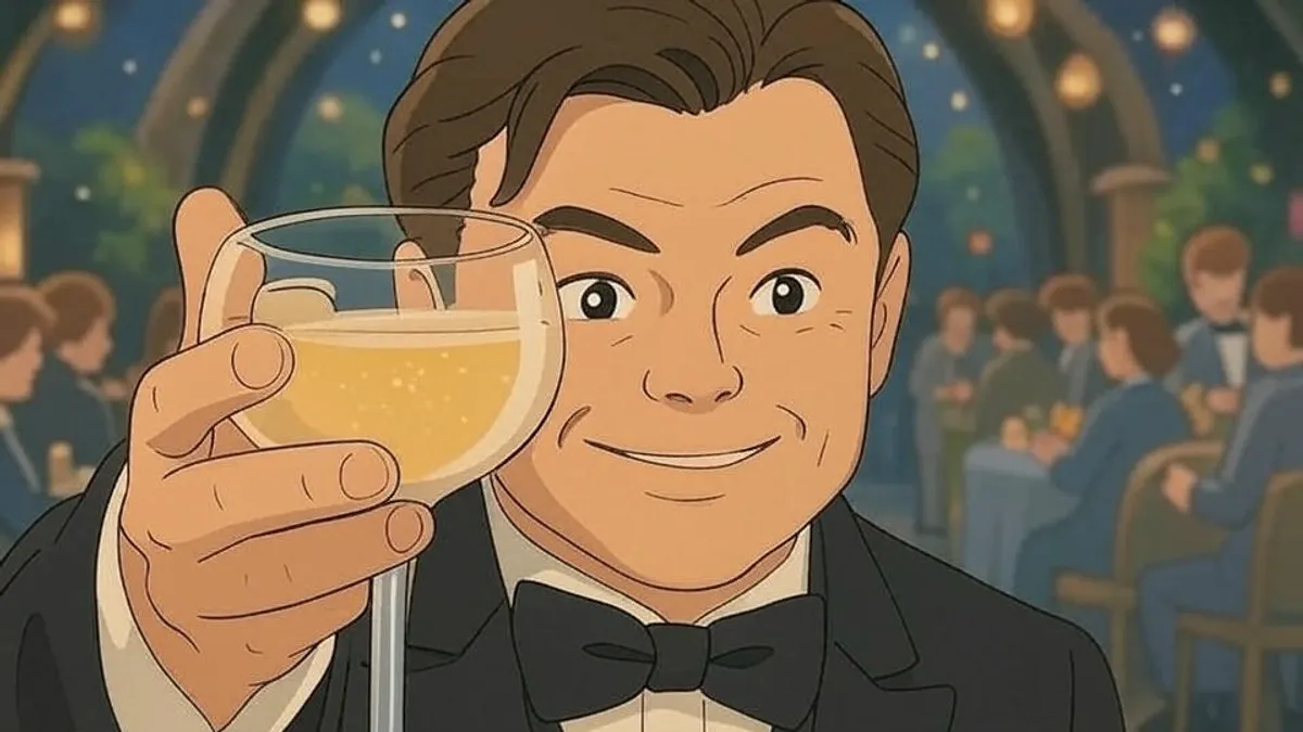 《風傳媒》編輯請Grok生成《大亨小傳》李奧納多拿著高腳杯的經典畫面。(圖/取自Grok)