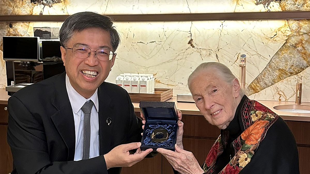 唐獎教育基金會執行長陳振川(左)親獻唐獎金質奬章予珍古德(右)。(唐獎提供) 唐獎教育基金會執行長陳振川(左)親獻唐獎金質奬章予珍古德(右)。(唐獎提供)