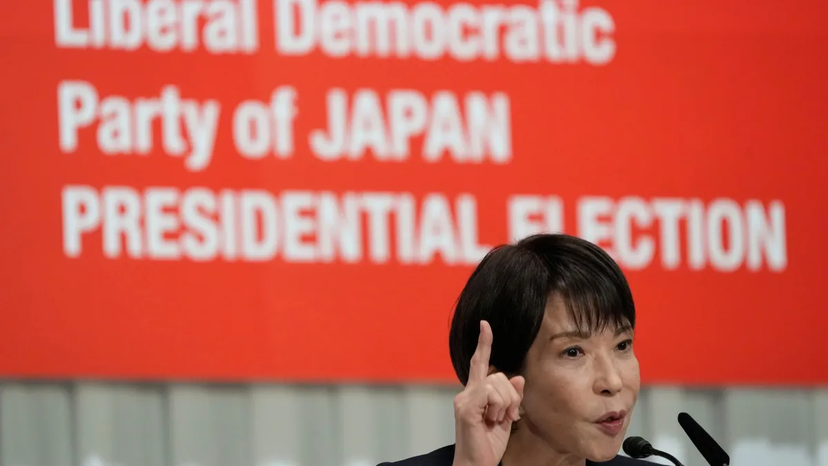 2025年9月22日,高市早苗載自民黨總裁選舉啟動儀式發表演說。(美聯社)