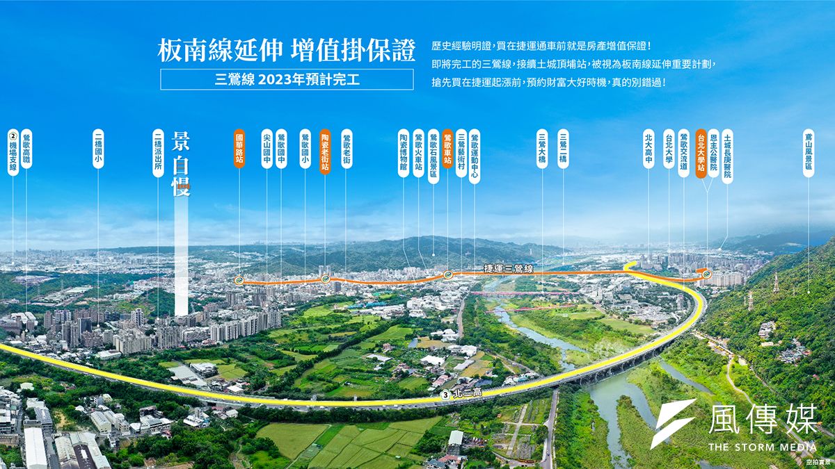 【景自慢】坐擁雙鐵及北二高三鶯交流道、2023年三鶯線通車,交通便利機能完善。(圖/富比士地產王) 【景自慢】坐擁雙鐵及北二高三鶯交流道、2023年三鶯線通車,交通便利機能完善。(圖/富比士地產王)