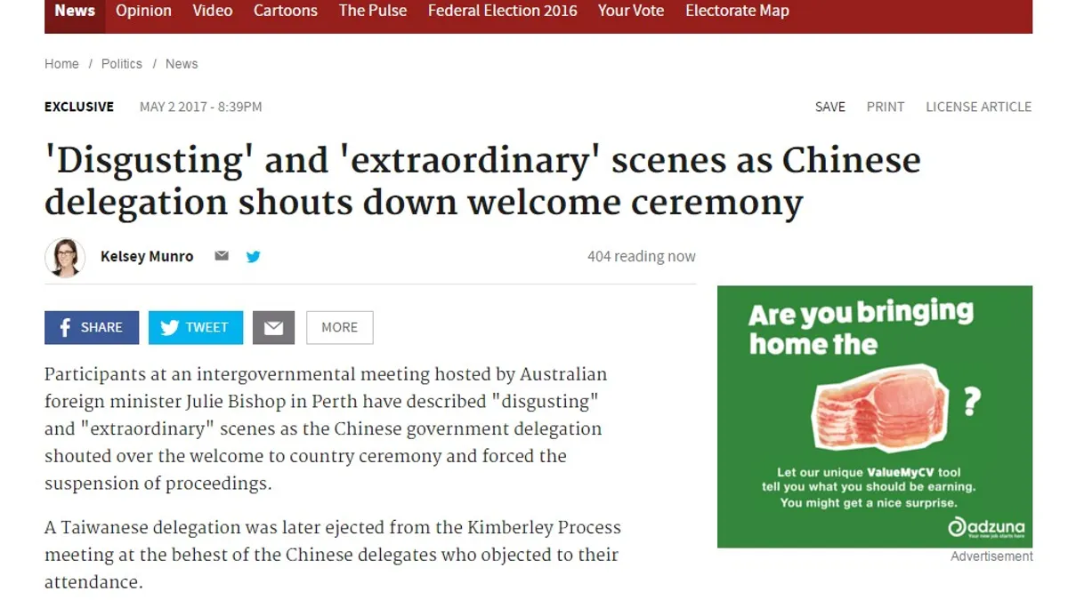 根據《雪梨晨鋒報》(The Sydney Morning Herald)報導,2日傳出中國在澳洲阻撓台灣出席金伯利機制會議。(取自雪梨晨鋒報網站)