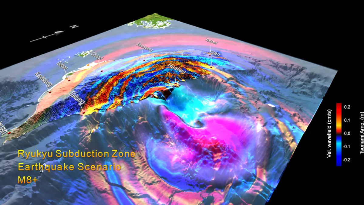 琉球海溝でマグニチュード8以上の巨大地震が発生した場合、震央に最も近い花蓮が直接的な衝撃を受けるだけでなく、震央から遠く離れた台北市でも地質条件と建築物の影響により「二重共振現象」が起きる可能性がある。その結果、台北市の揺れが最大3分間続き、揺れ幅は921大地震をも上回る恐れがある。(図/李憲忠、研之有物提供) 琉球海溝でマグニチュード8以上の巨大地震が発生した場合、震央に最も近い花蓮が直接的な衝撃を受けるだけでなく、震央から遠く離れた台北市でも地質条件と建築物の影響により「二重共振現象」が起きる可能性がある。その結果、台北市の揺れが最大3分間続き、揺れ幅は921大地震をも上回る恐れがある。(図/李憲忠、研之有物提供)