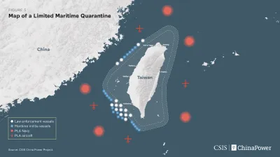 CSIS的有線封鎖示意圖。紅點為中國海軍的水面作戰支隊、白點為中國海警船、藍點則是海上民兵。(翻攝CSIS報告)