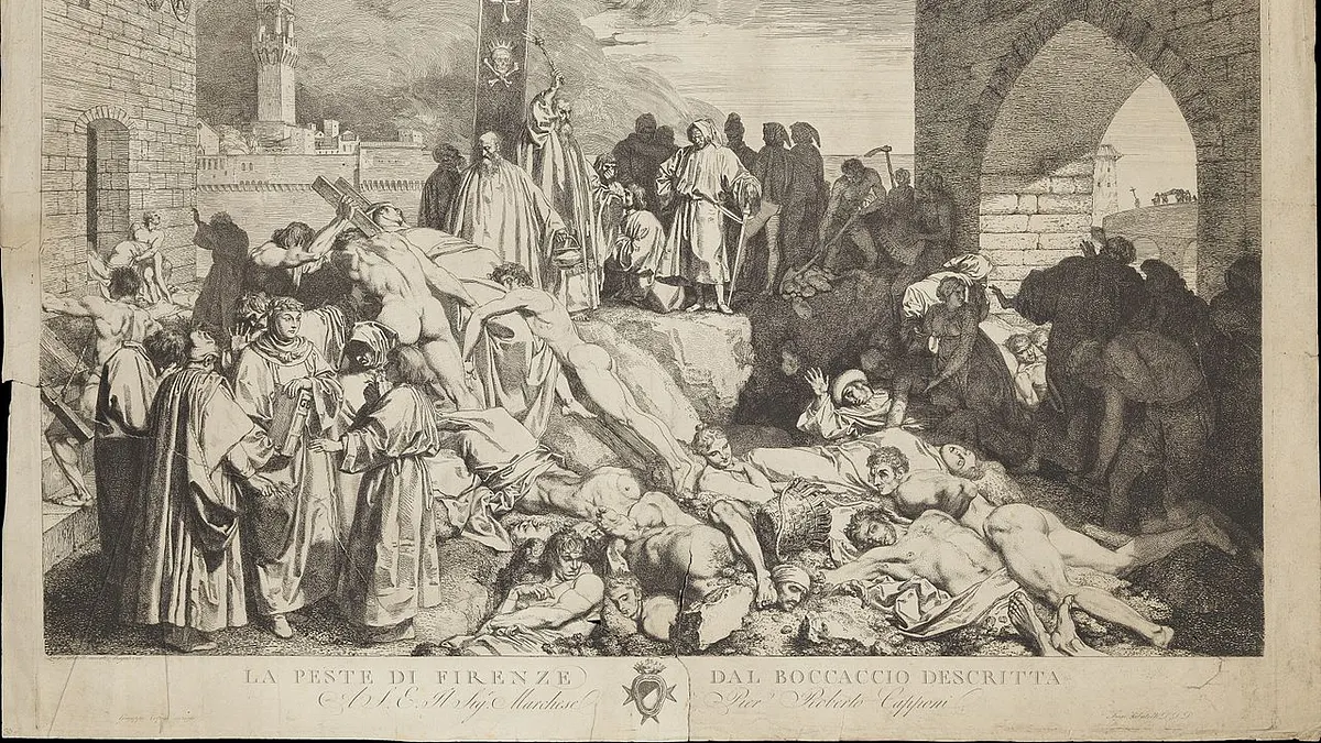 黑死病曾肆虐歐洲三次,圖為1348年佛羅倫斯的瘟疫繪圖。(取自維基百科)