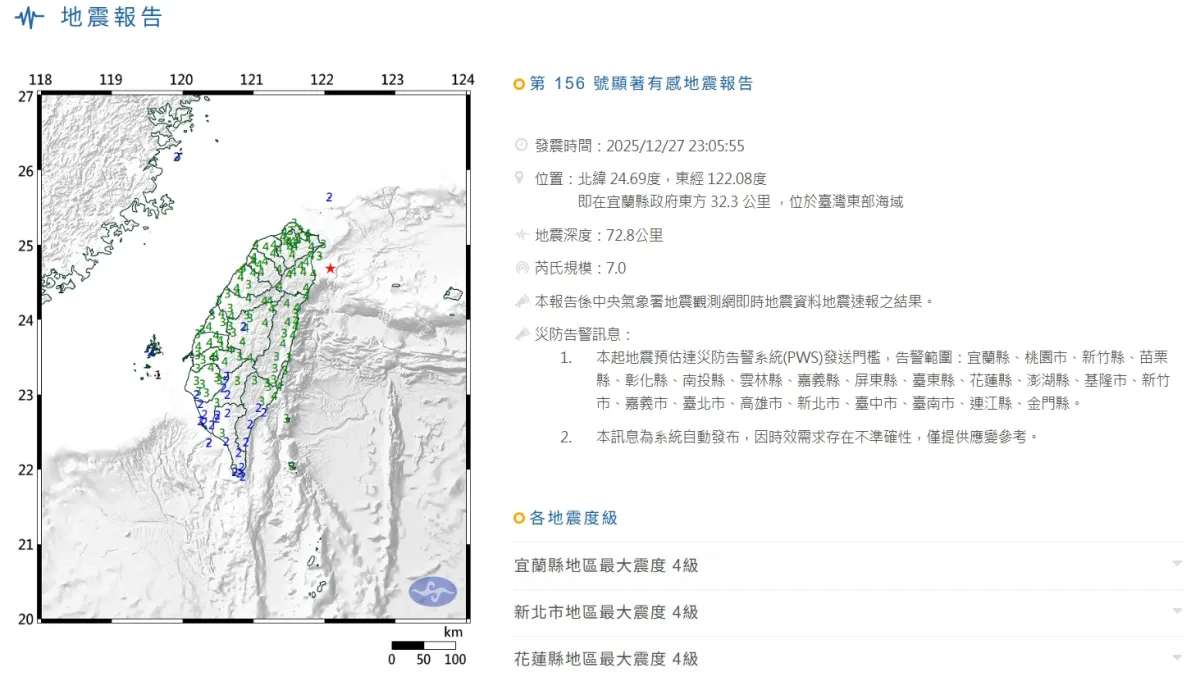 20251227-地震報告。(取自中央氣象署網站)