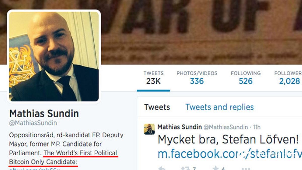 瑞典的桑旦的競選募款只接受比特幣。(翻攝桑旦個人推特) 瑞典的桑旦的競選募款只接受比特幣。(翻攝桑旦個人推特)