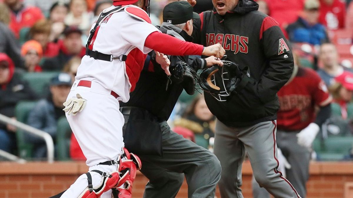 紅雀捕手莫里納(左)因好球爭議與響尾蛇教頭羅夫洛(右)爆發衝突。 (美聯社) 紅雀捕手莫里納(左)因好球爭議與響尾蛇教頭羅夫洛(右)爆發衝突。 (美聯社)