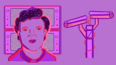 Illustration of Marie Van Brittan Brown and CCTV cameras