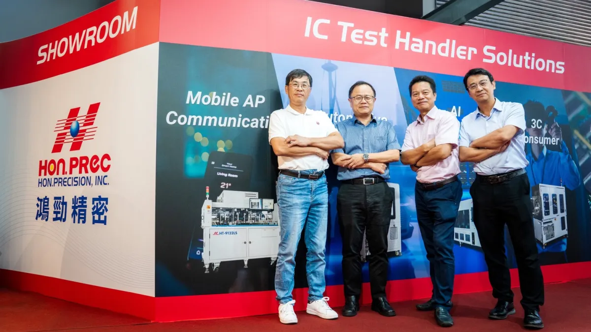 Among stocks receiving foreign broker upgrades, IC test handler maker Hon Precision stands out as the most notable. From left: General Manager Chang Chien Jung-li, Senior Vice President Weng De-kui, Chairman Hsieh Min-ta, and Vice President Chao Chen-ming