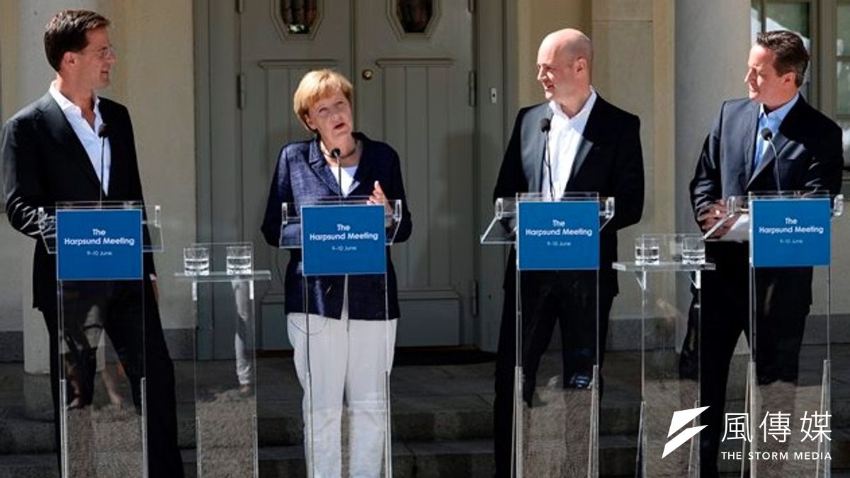 (左至右)荷首相呂特、德總理梅克爾、瑞典首相賴因費爾特、英首相卡麥隆9日會晤。(美聯社) (左至右)荷首相呂特、德總理梅克爾、瑞典首相賴因費爾特、英首相卡麥隆9日會晤。(美聯社)