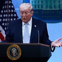 2026年4月7日、ホワイトハウスで記者会見を行う米大統領のトランプ氏。(写真/AP通信提供) 2026年4月7日、ホワイトハウスで記者会見を行う米大統領のトランプ氏。(写真/AP通信提供)
