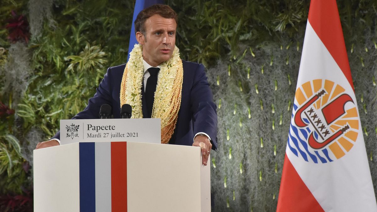 2021年7月,法國總統馬克宏訪問位於太平洋的領地法屬玻里尼西亞(AP) 2021年7月,法國總統馬克宏訪問位於太平洋的領地法屬玻里尼西亞(AP)