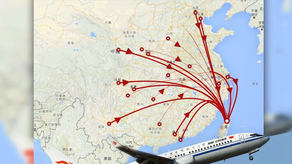 大陸台企聯成員透露,國台辦至今尚未協調中國民航總局出面,與航空公司討論票價和機位,台商返台投票人數可能大受影響。 (取自中國國際航空官網、Google map/影像合成:風傳媒)