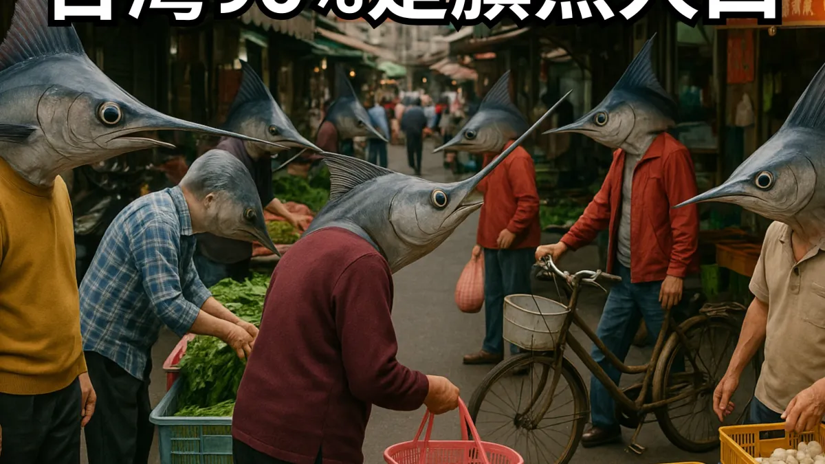 網友製作旗魚頭人群的哏圖,諷刺行政院官網「台灣有96%是其餘人口」的說法。(取自「飛天麵條」臉書粉專)