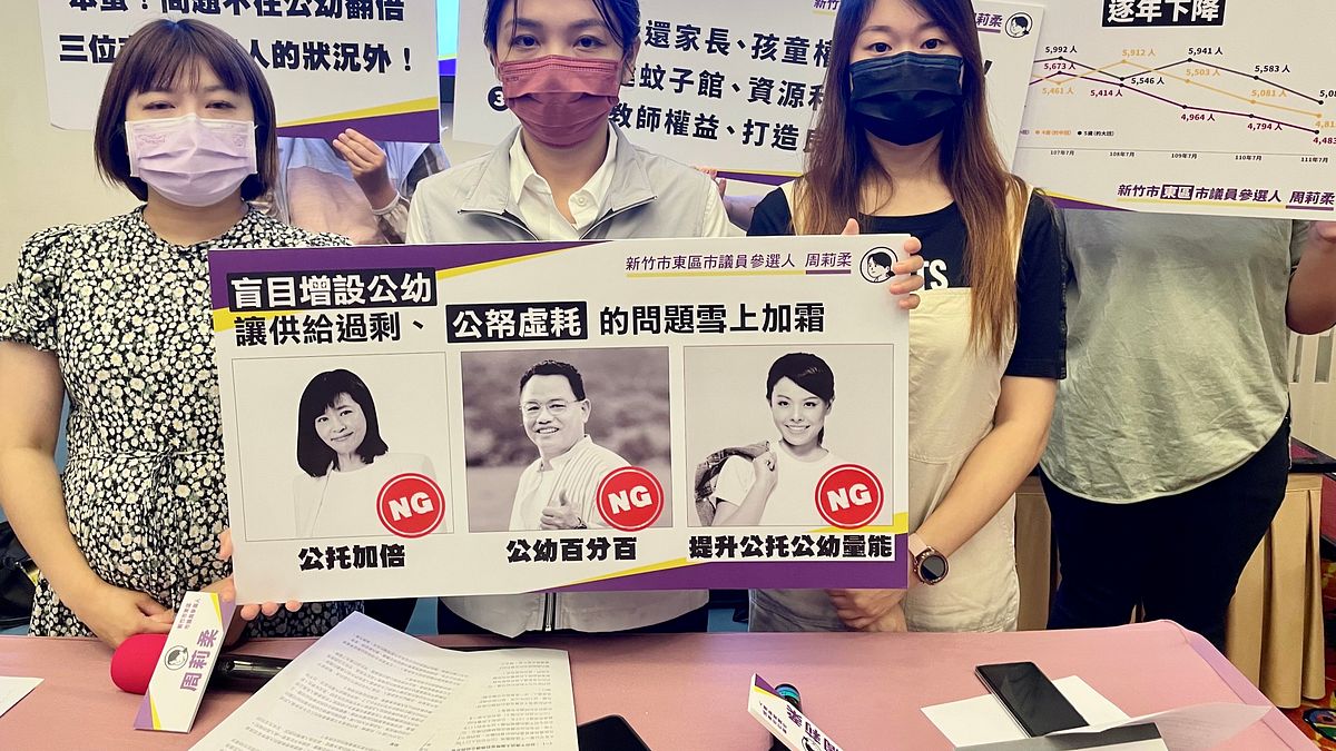竹市東區議員參選人周莉柔(中)批評三位市長候選人都提出公幼翻倍的政見,卻完全搞不清楚幼兒教育面臨的困境。(圖/周莉柔競選辦公室提供) 竹市東區議員參選人周莉柔(中)批評三位市長候選人都提出公幼翻倍的政見,卻完全搞不清楚幼兒教育面臨的困境。(圖/周莉柔競選辦公室提供)