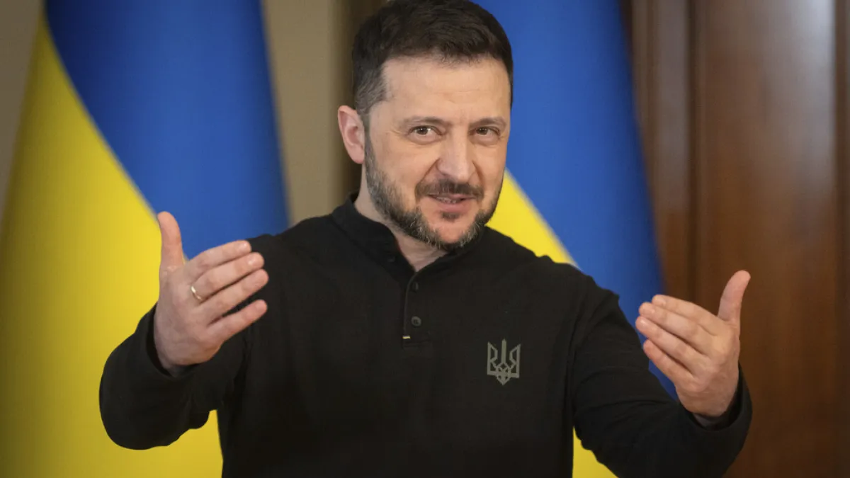 2025年3月12日。烏克蘭總統澤倫斯基(Volodymyr Zelenskyy)在烏克蘭基輔舉行記者會。(AP)