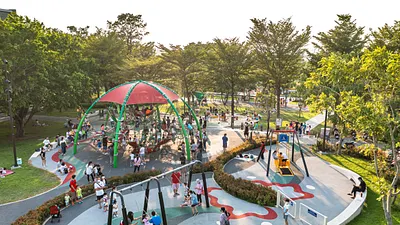 南屯黎新公園獲今年台灣景觀大獎,,設計概念以「水綠共生」為發想,導入台中美樂地計畫精神,讓大小朋友用趣味方式認識水循環知識。(圖/台中市政府)