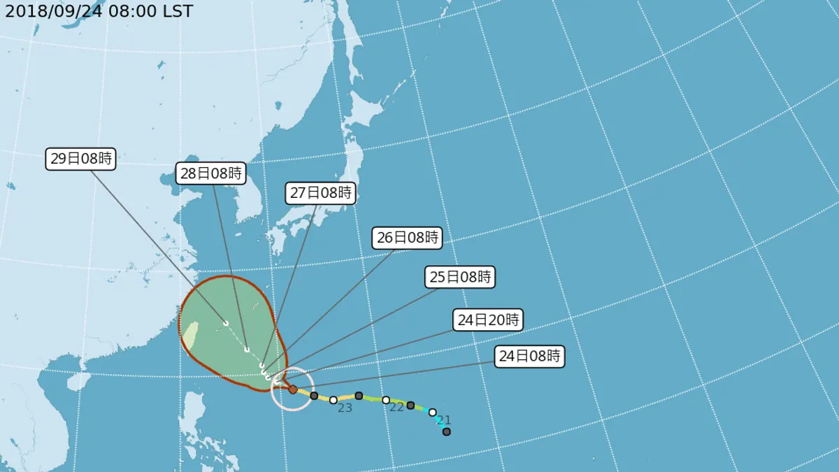 潭美颱風目前朝西北西琉球南方海面前進,有可能於28日起影響台灣。圖為今8時的路徑預測圖。(取自中央氣象局) 潭美颱風目前朝西北西琉球南方海面前進,有可能於28日起影響台灣。圖為今8時的路徑預測圖。(取自中央氣象局)